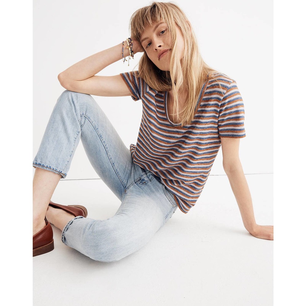 Madewell Alto Scoop Neck Short Sleeve Top in Brookline Stripe ~ Size Medium
